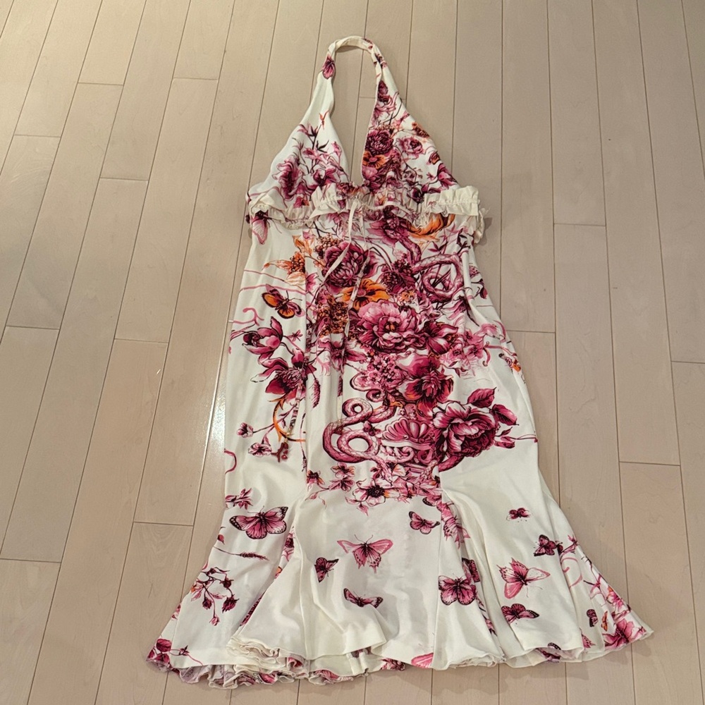 Roberto Cavalli Floral Halter Neck Dress - White and Pink Size XL